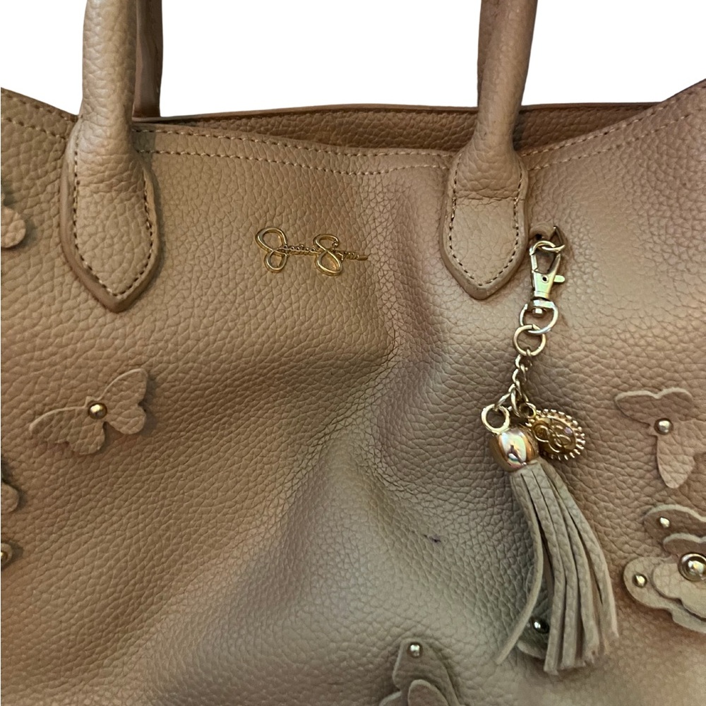 Jessica Simpson Tan Leather Tote Bag with Butterfly Accents